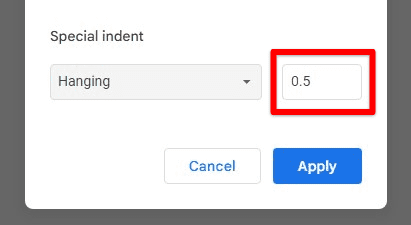 Default hanging indent value