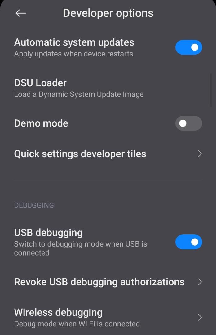 Enabling USB debugging in the "Developer" options