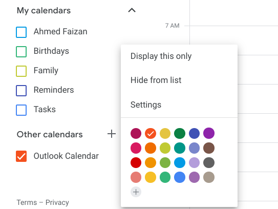 Extra features of the Outlook calendar in Google Calendar