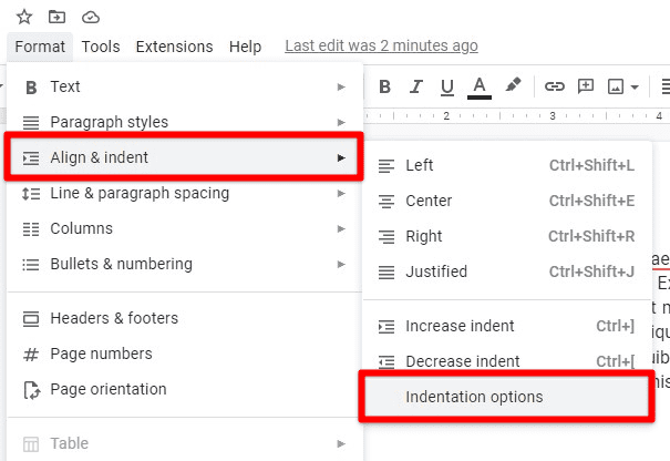 Opening indentation options