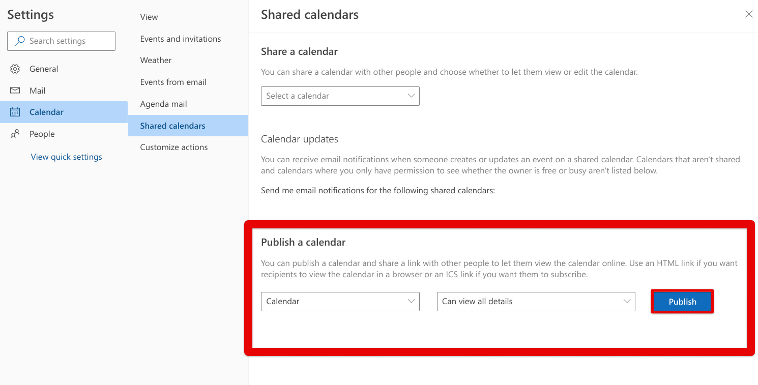 Publishing the Outlook calendar