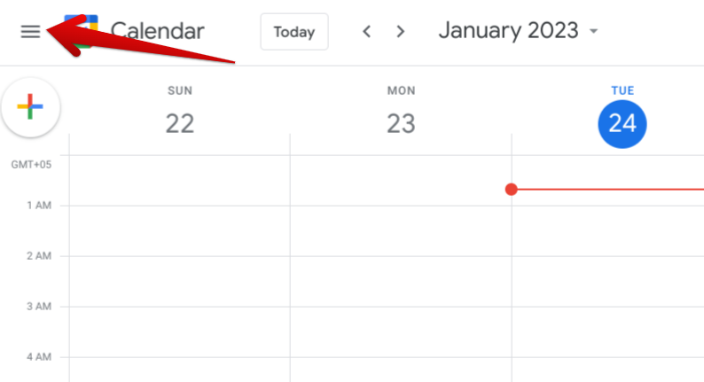 Revealing the main menu in Google Calendar