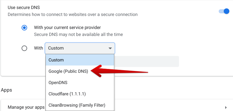 Selecting Google's public DNS