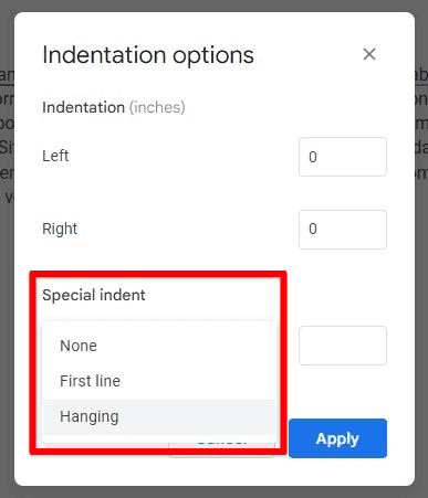 Selecting hanging indent