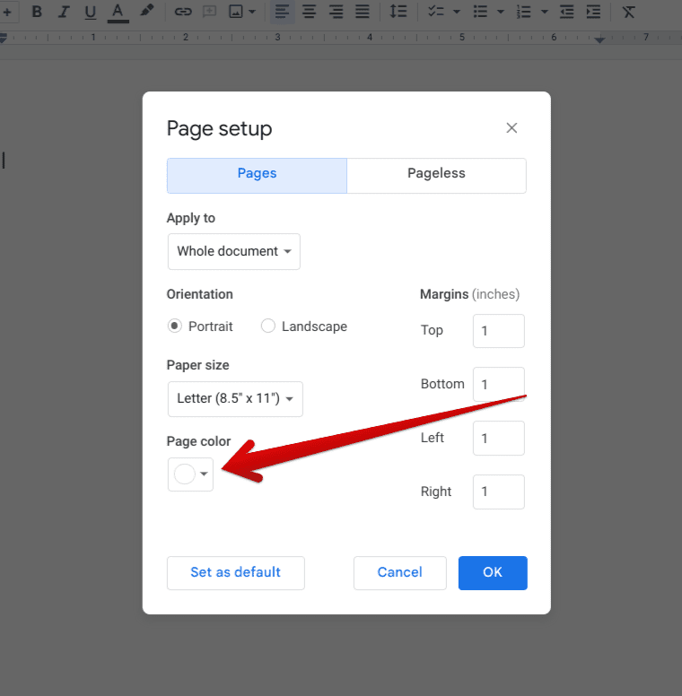 Selecting the "Page color" option