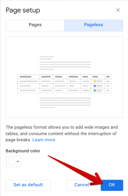 Setting up the "Pageless" feature in Google Docs