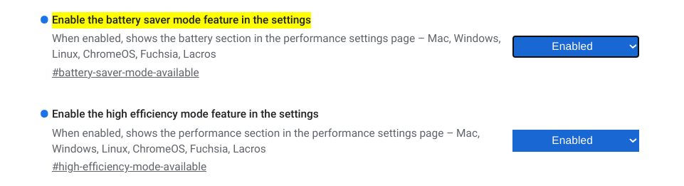 The "Performance" mode related Chrome flags