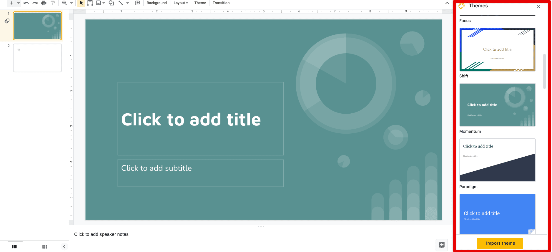 Using the "Themes" feature in Slides