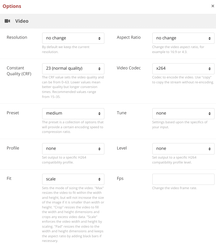 Video options present in CloudConvert