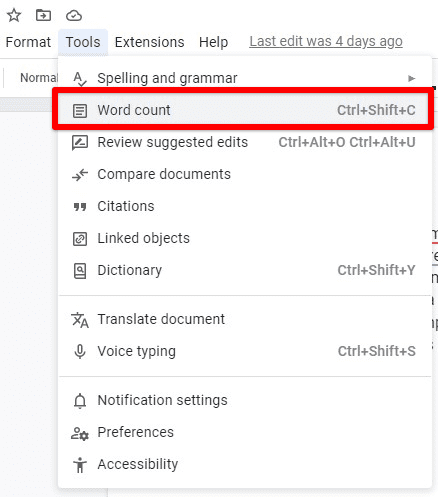 Word count tab