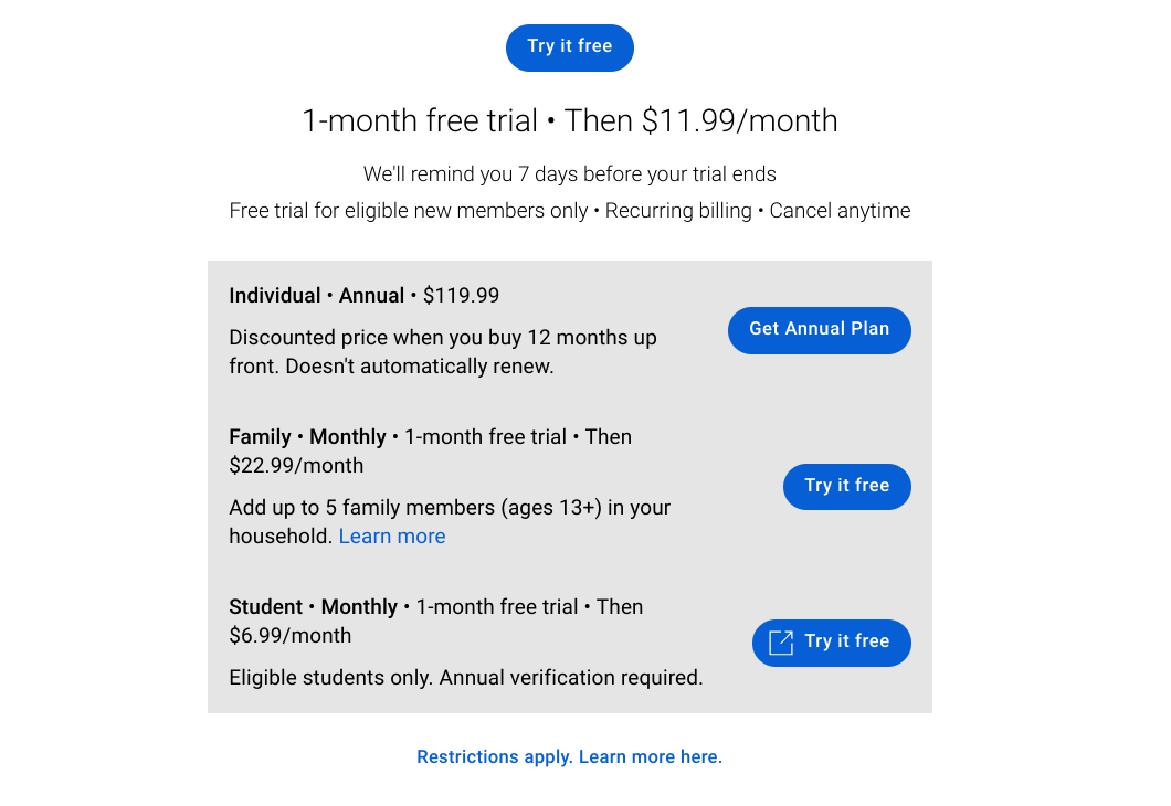 YouTube Premium pricing plans