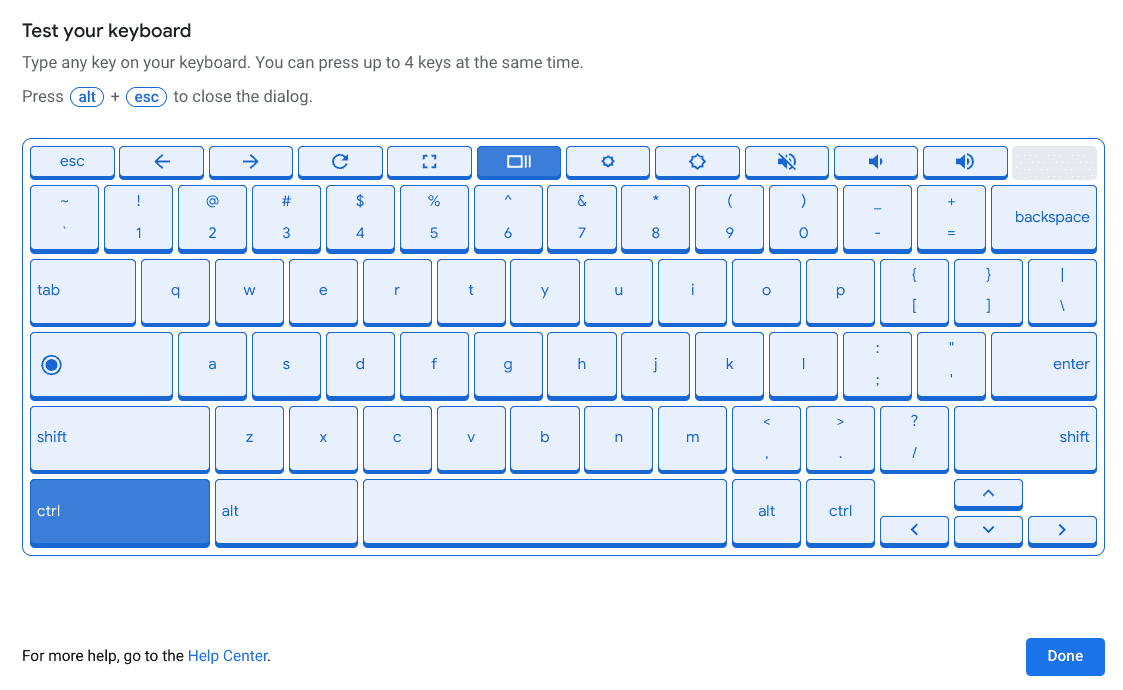 Running a keyboard test in the Diagnostics app