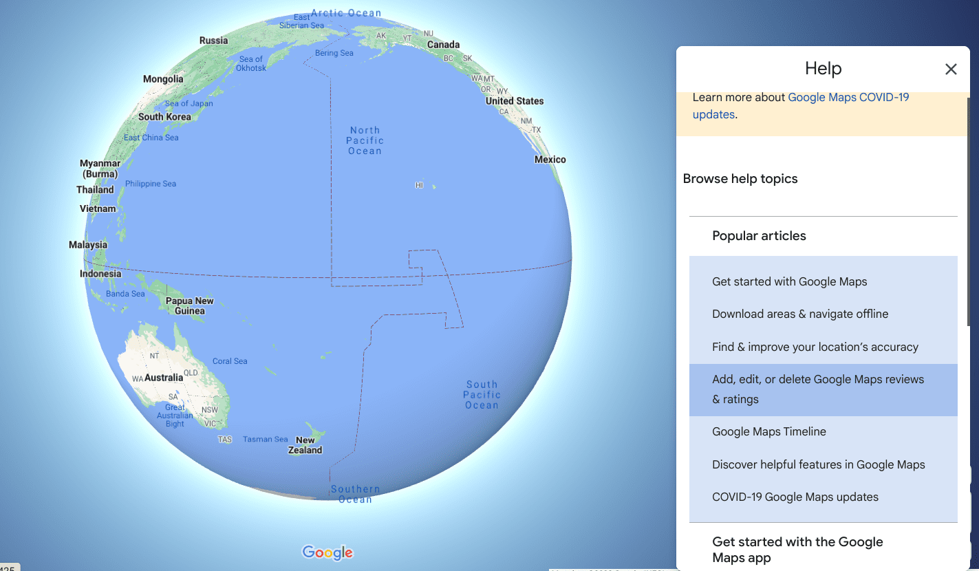 The "Help" section in Google Maps
