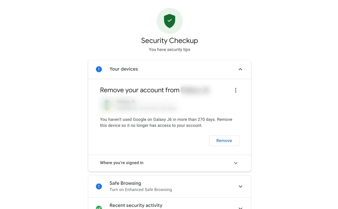 The Security Checkup page in Google