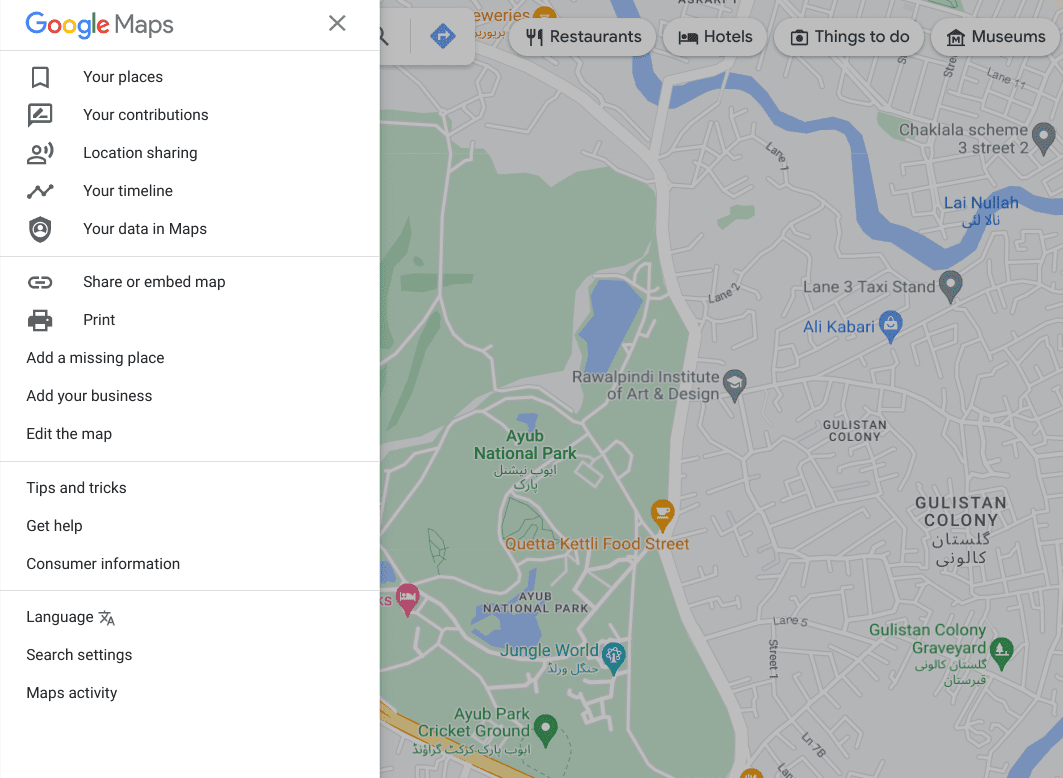 The side menu in Google Maps