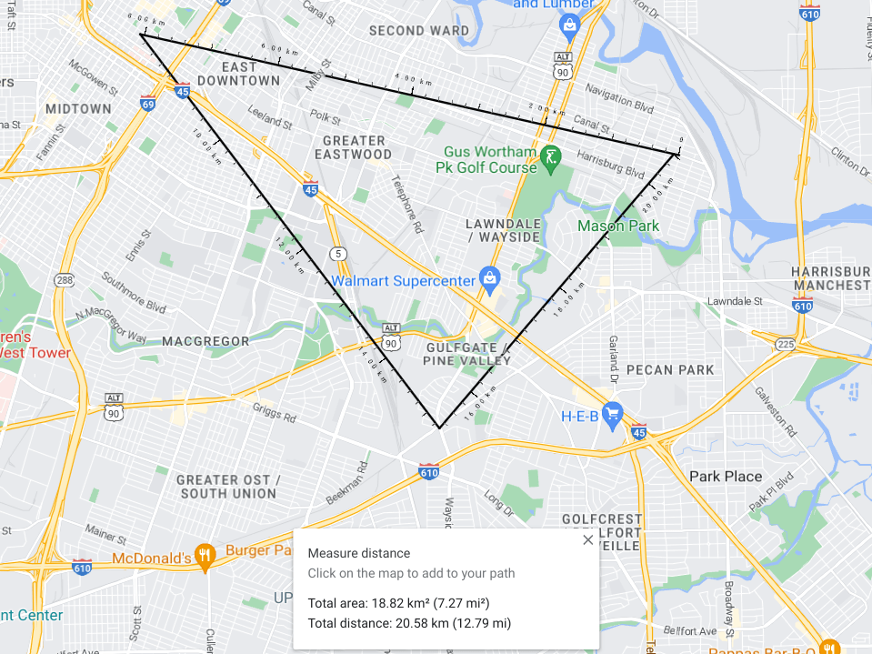 Total area and distance calculated in Google Maps