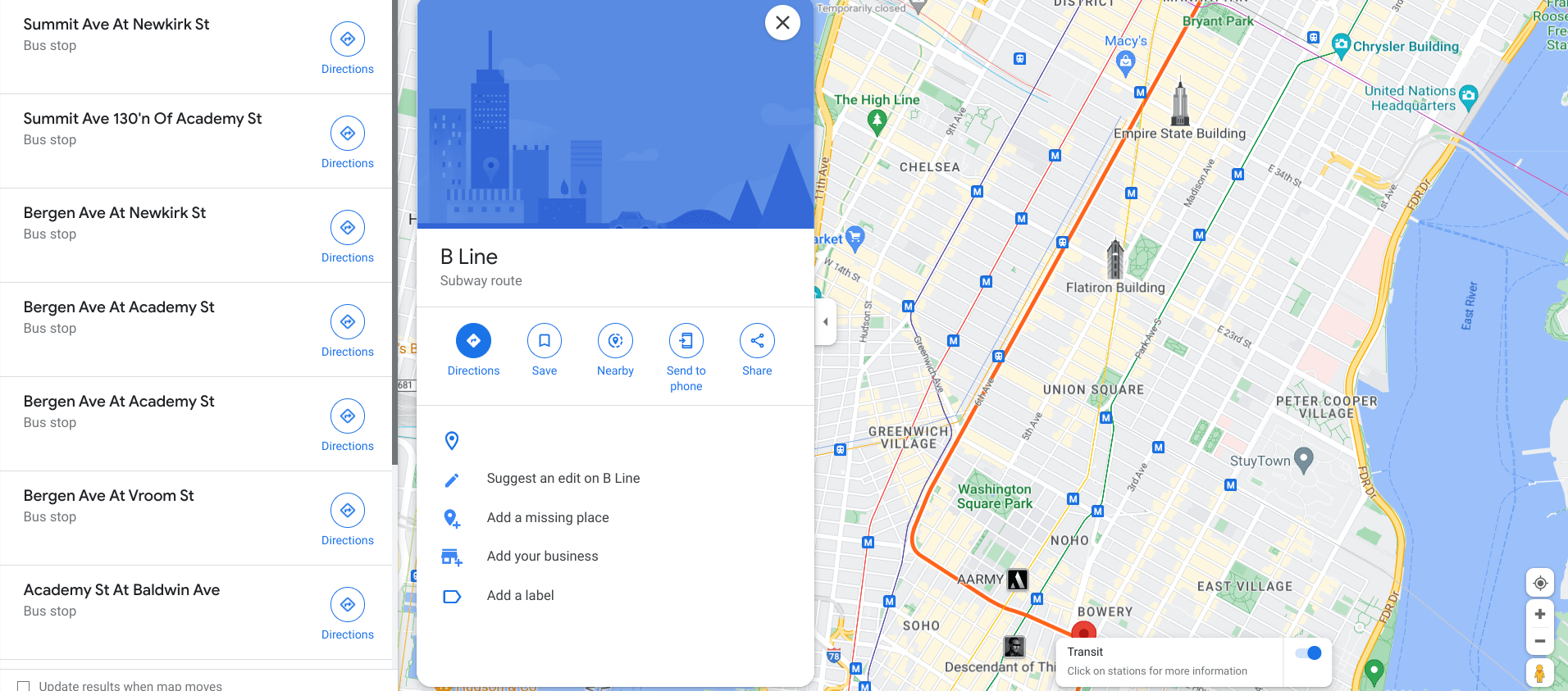 Transit routes in Google Maps