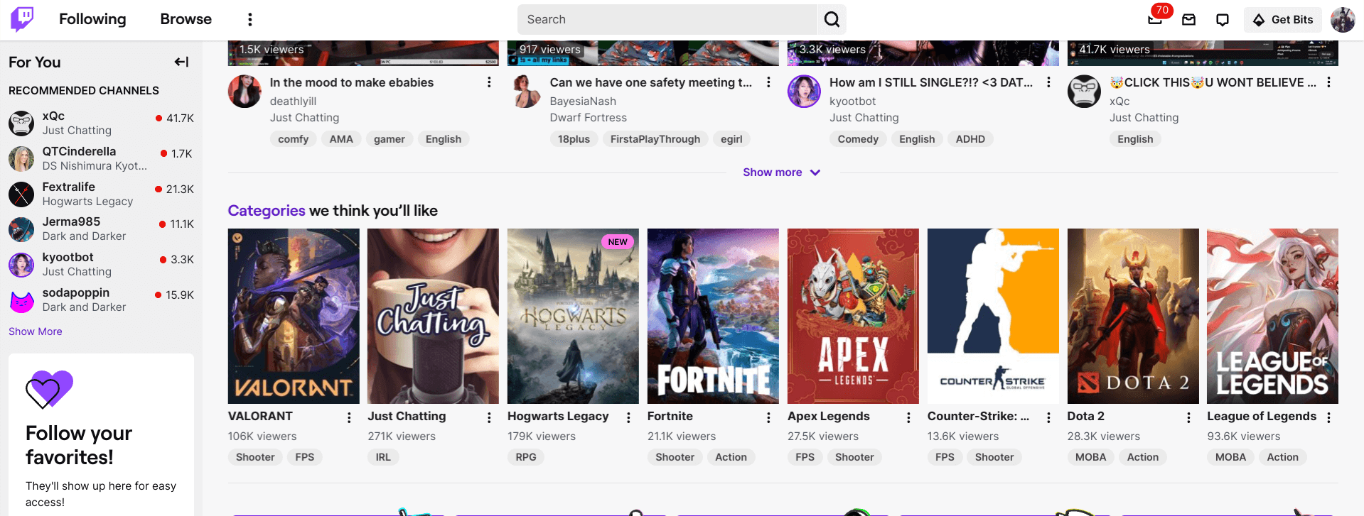 Twitch home screen