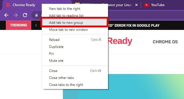 Adding tab to a new group