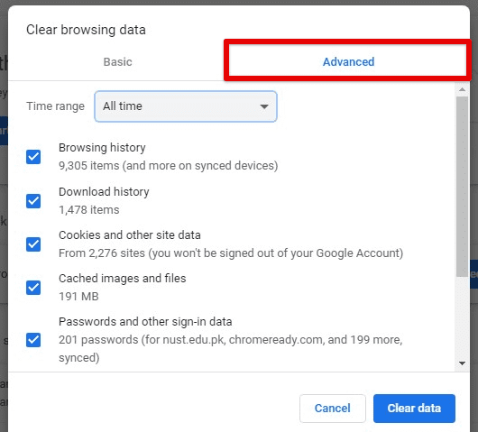 Advanced clear browsing data settings