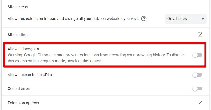 Allowing an extension to be used in incognito