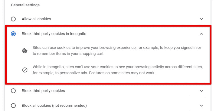 Blocking third-party cookies in incognito
