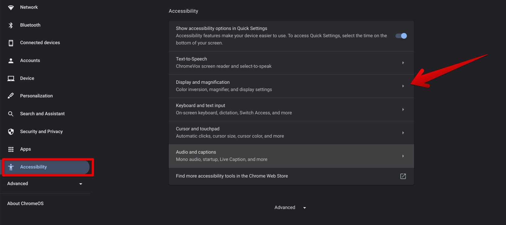 Choosing "Display and magnification"