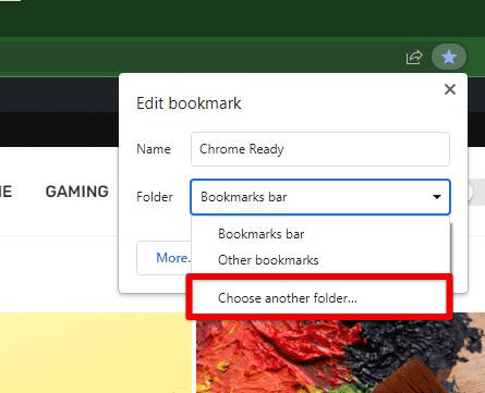 Choosing another folder for adding bookmarks