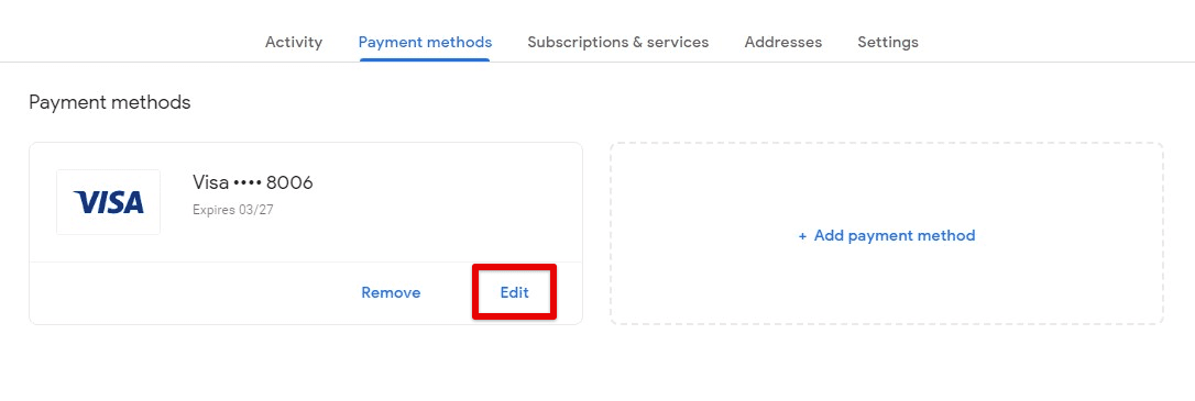 Editing a payment method
