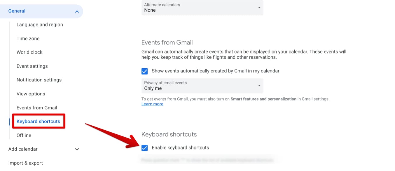 Enabling keyboard shortcuts in Google Calendar