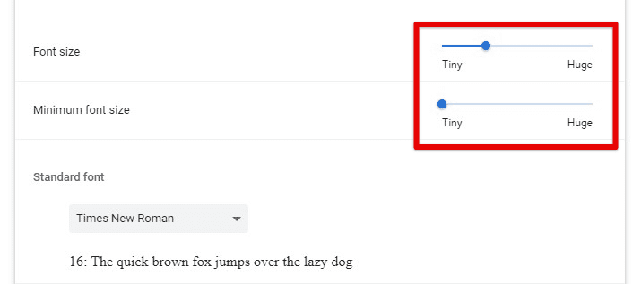 Google Chrome font size sliders