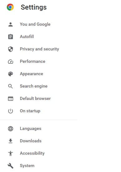 Google Chrome settings menu