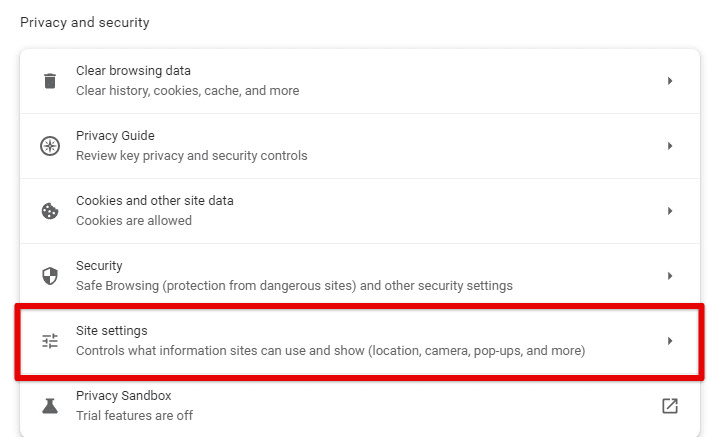 Google Chrome site settings