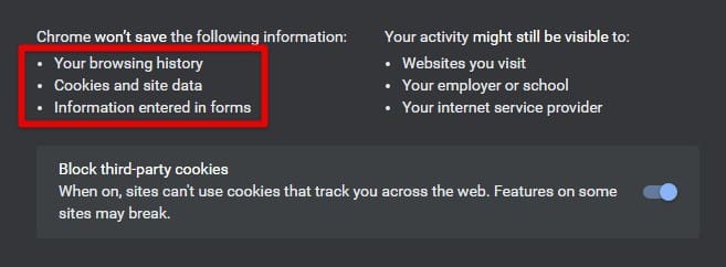 Information erasure in incognito mode