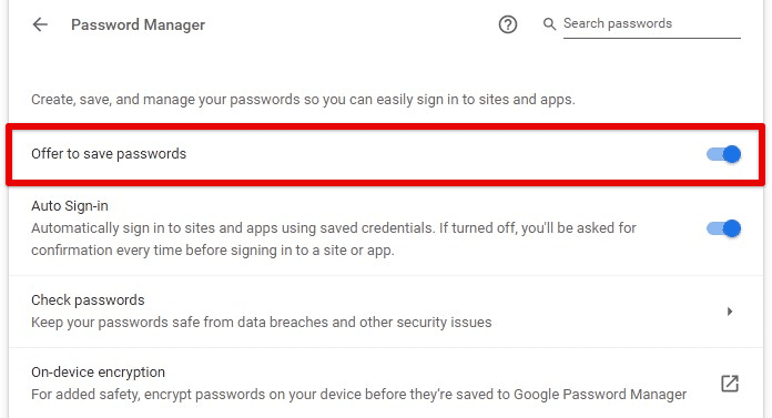 Offer to save passwords switch