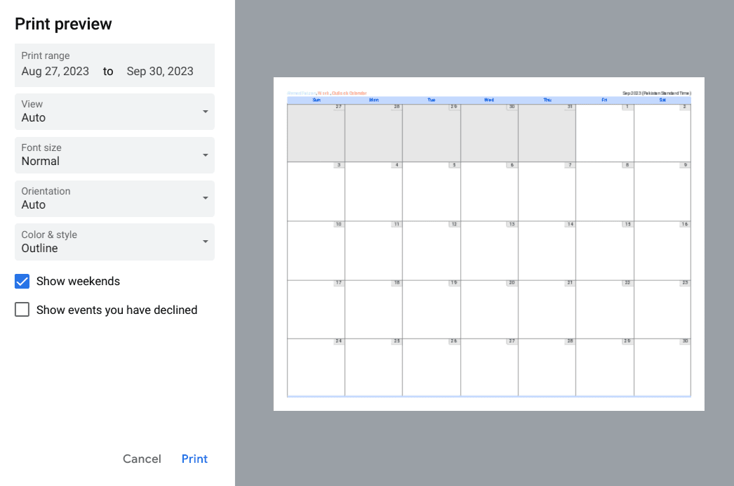 Printing in the Calendar app