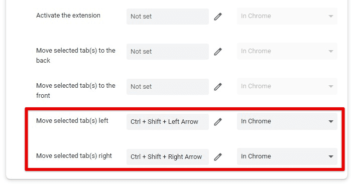 Rearranging pinned tabs with keyboard shortcuts
