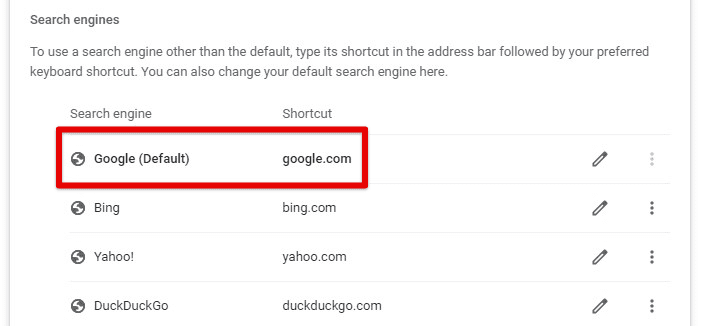 Selecting Google as the default search engine