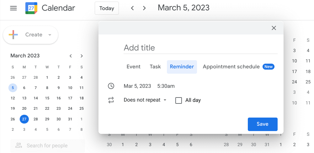 Setting a reminder in Calendar