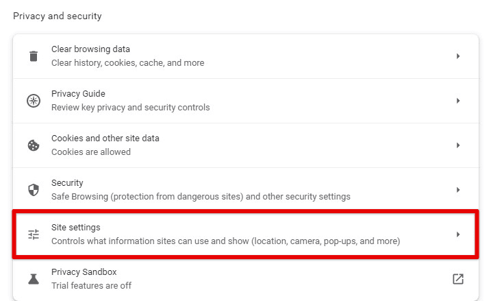 Site settings in Google Chrome