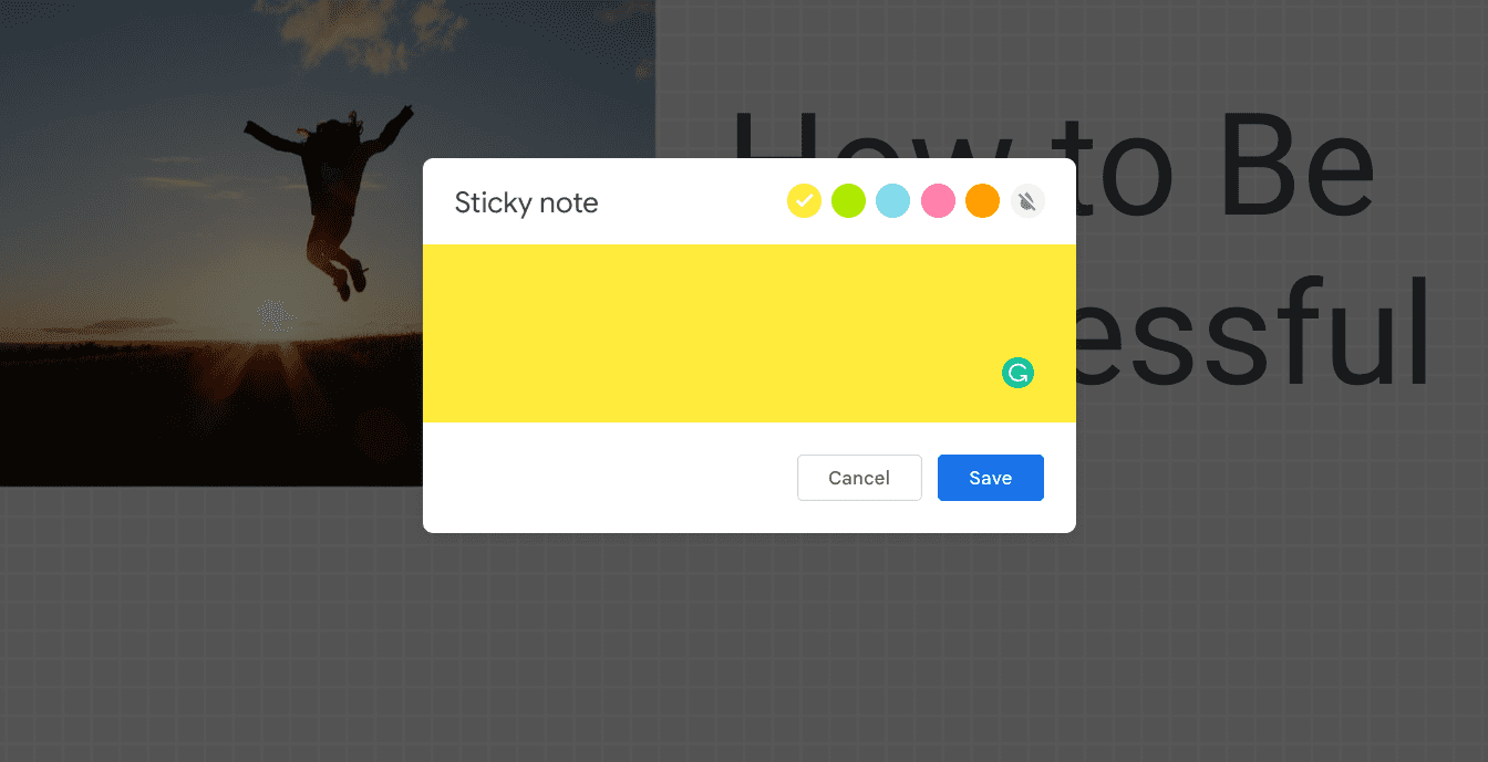 The "Sticky note" feature's overlay in Jamboard