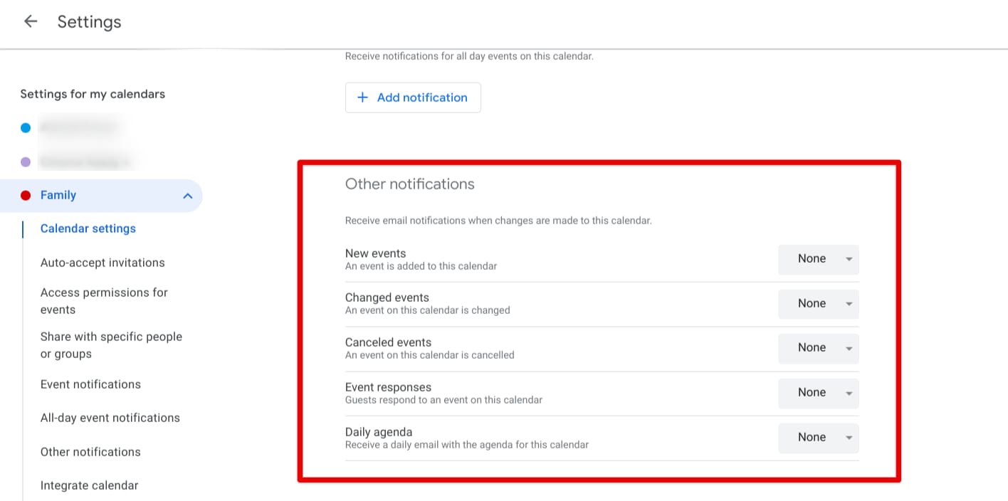 Tweaking the other notifications for your family calendar