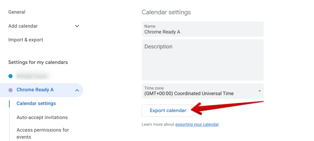 Using the "Export calendar" option