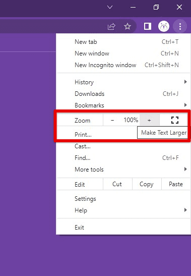 Zooming in with the Chrome menu