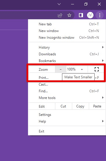Zooming out with the Chrome menu