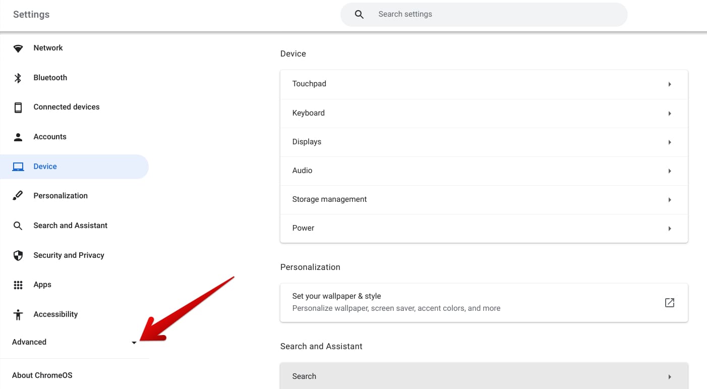 Accessing "Advanced" settings on ChromeOS