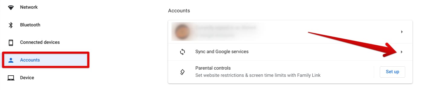 Accessing the "Sync and Google services" section