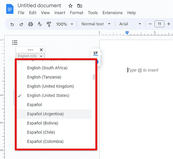 Choosing a language for voice typing