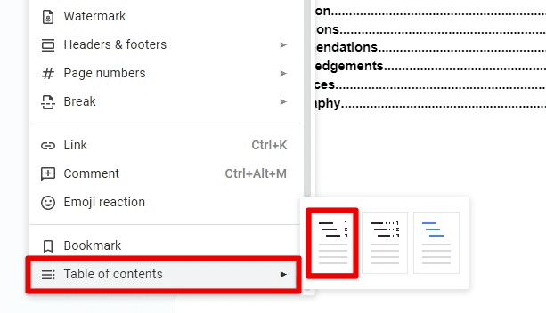 Creating a basic table of contents