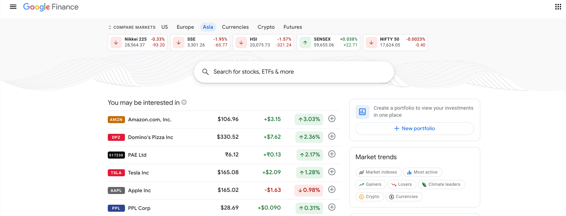 Google Finance on Google Chrome